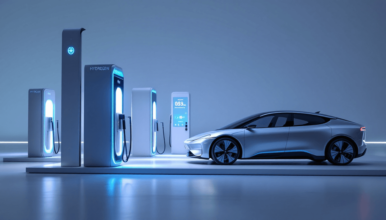 AI generated: A futuristic hydrogen fuel station with multiple sleek fuel pumps emitting a faint blue glow. A hydr...