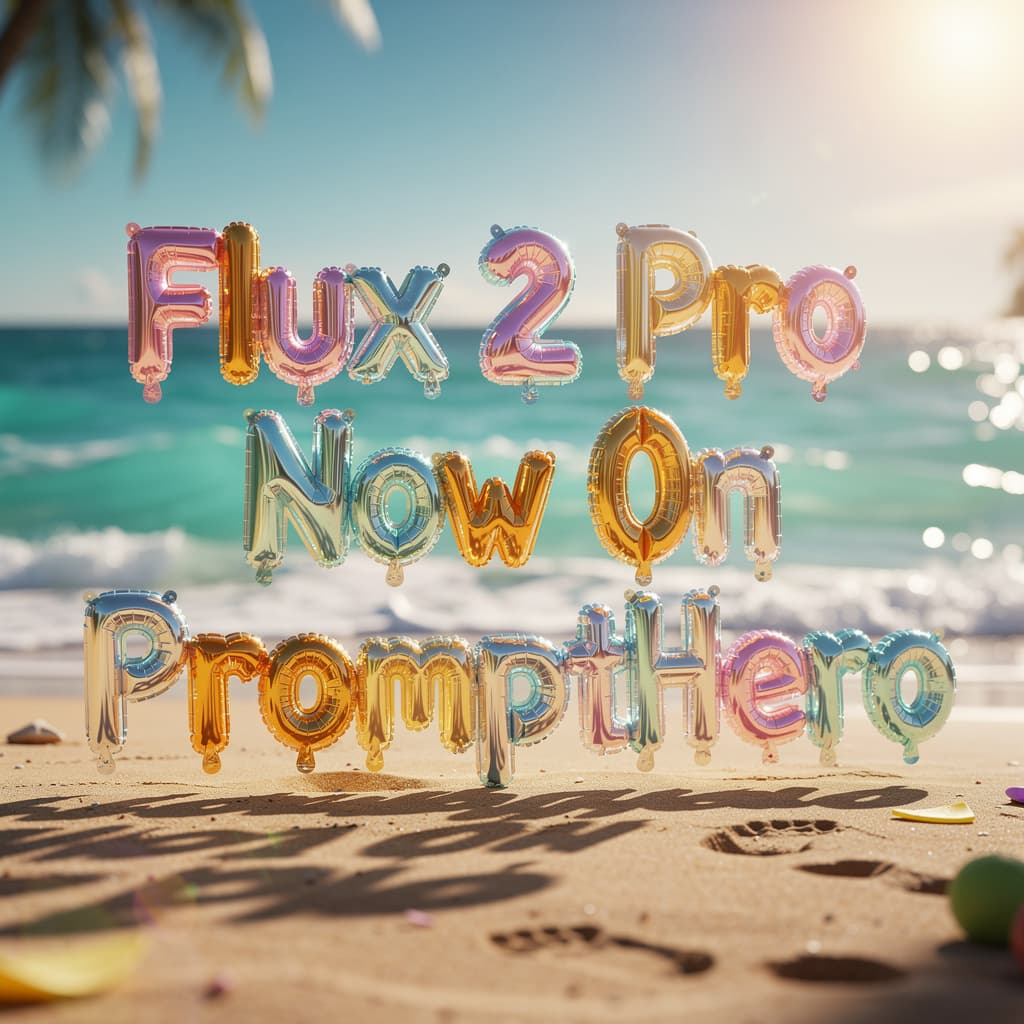 AI generated: Vibrant beach scene featuring the text “Flux 2 Pro Now On PromptHero” formed by large, glossy, infla...