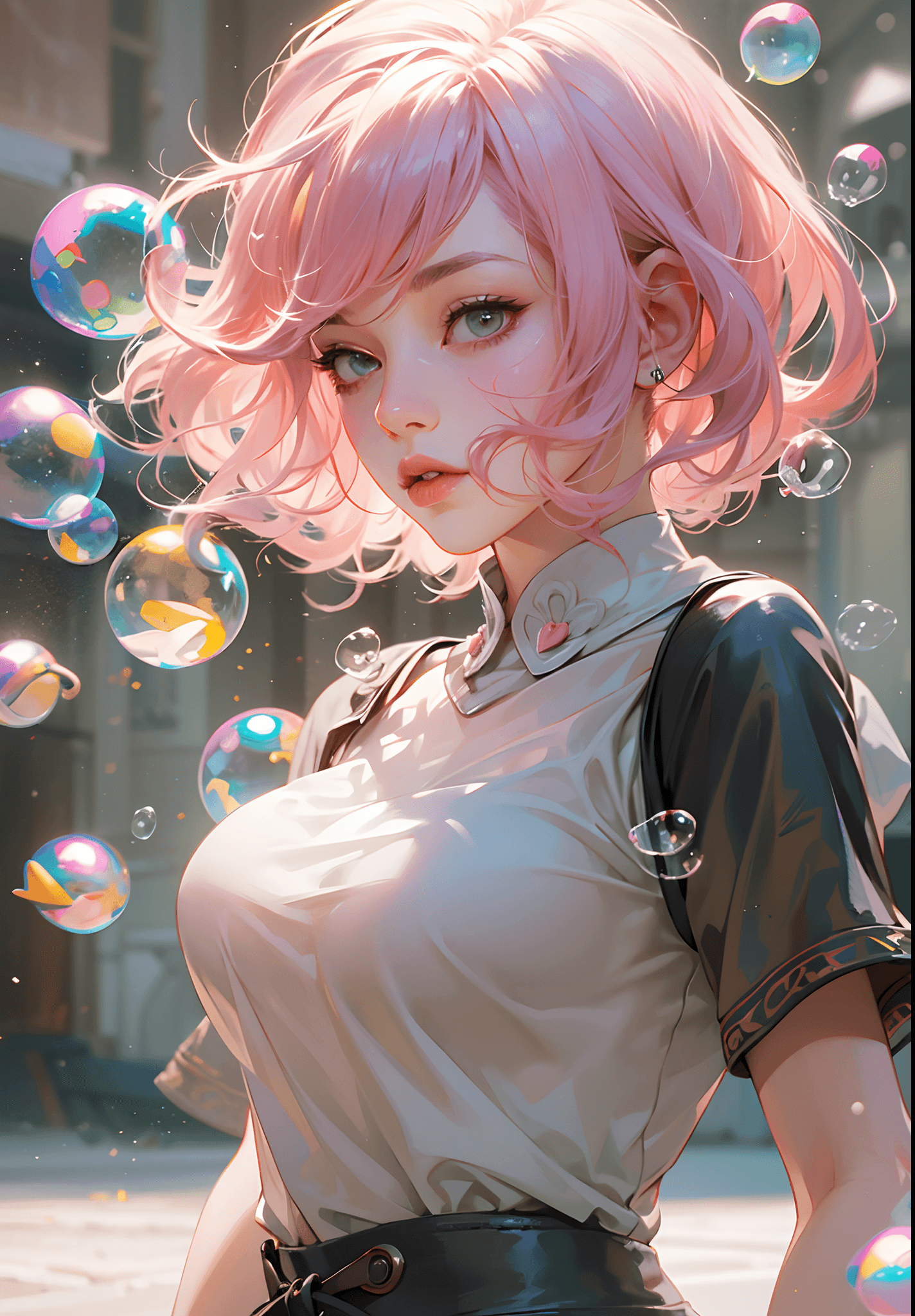 AI generated: masterpiece, concept art, dynamic angle, a girl with pink hair blowing a bubble, by WLOP, featured o...
