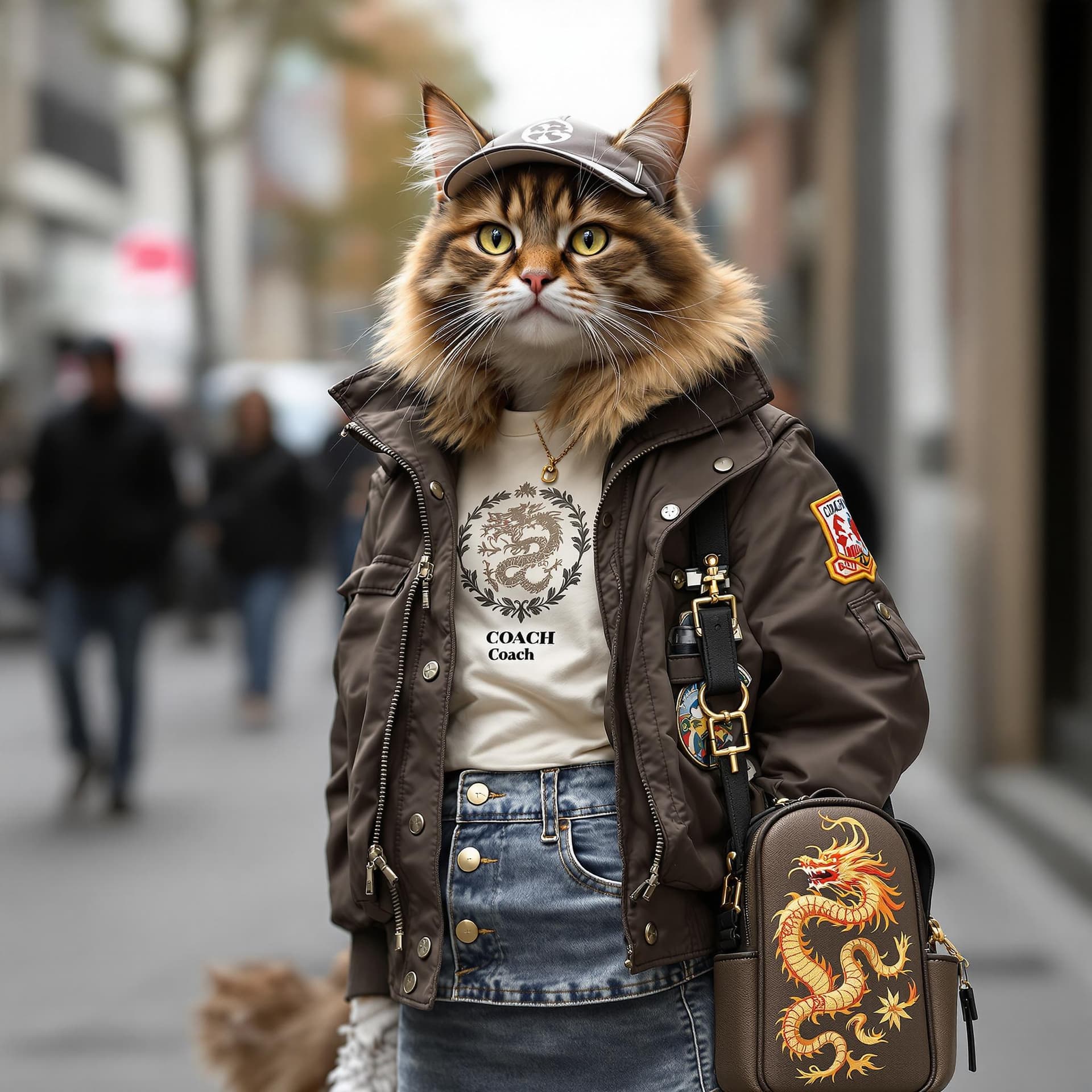 AI generated: Personification – a cat named "Street Style Influencer Kitty" dressed in Coach clothing, with a Coac...