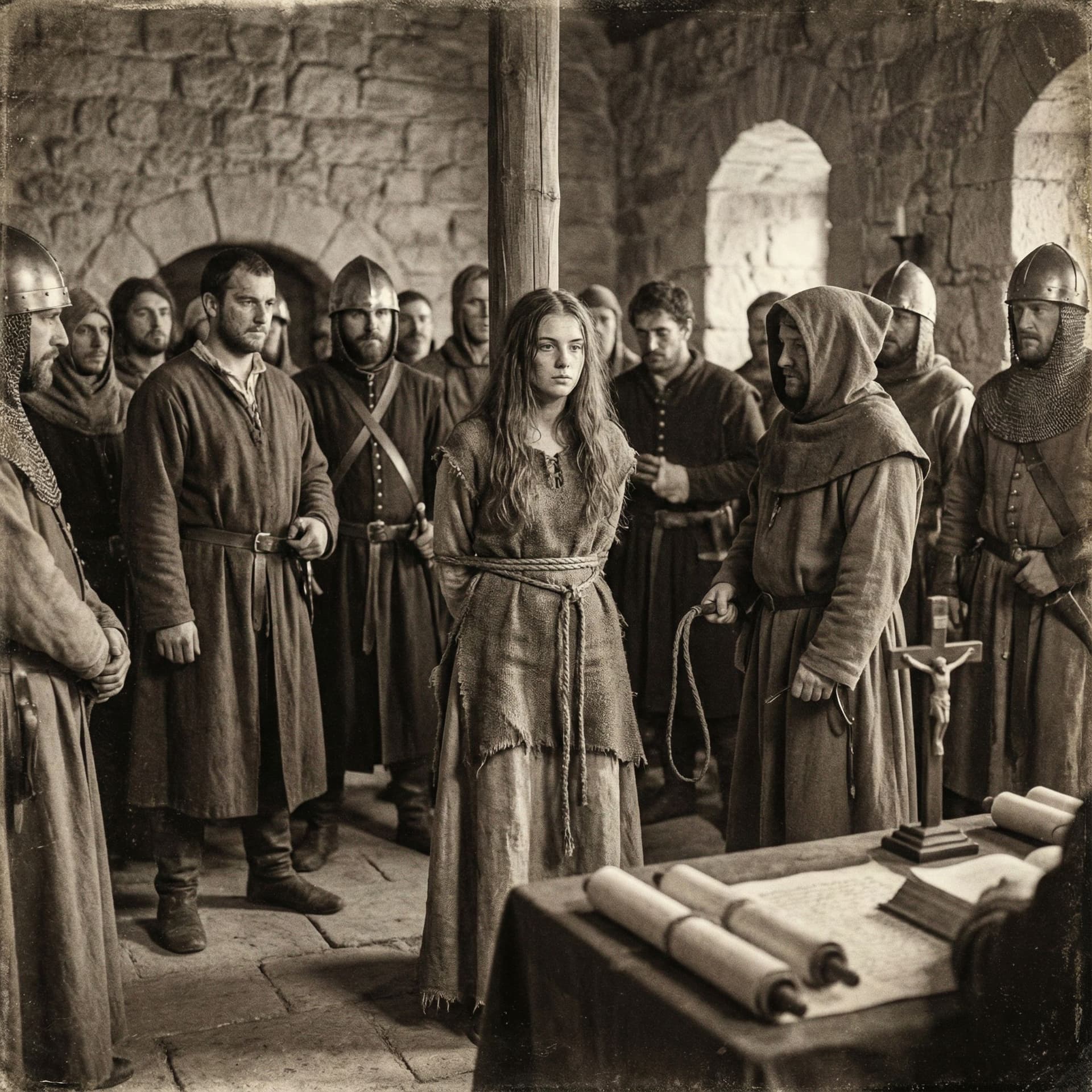 AI generated: historical images of a young heretic female suring an inquisition trial. shi is bound to a pole and ...