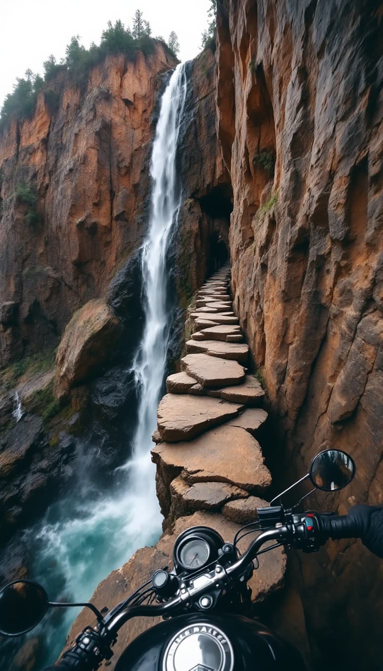 AI generated: POV helmet camera shot of a Harley-Davidson Iron 883 rider descending a fractured walkway carved int...