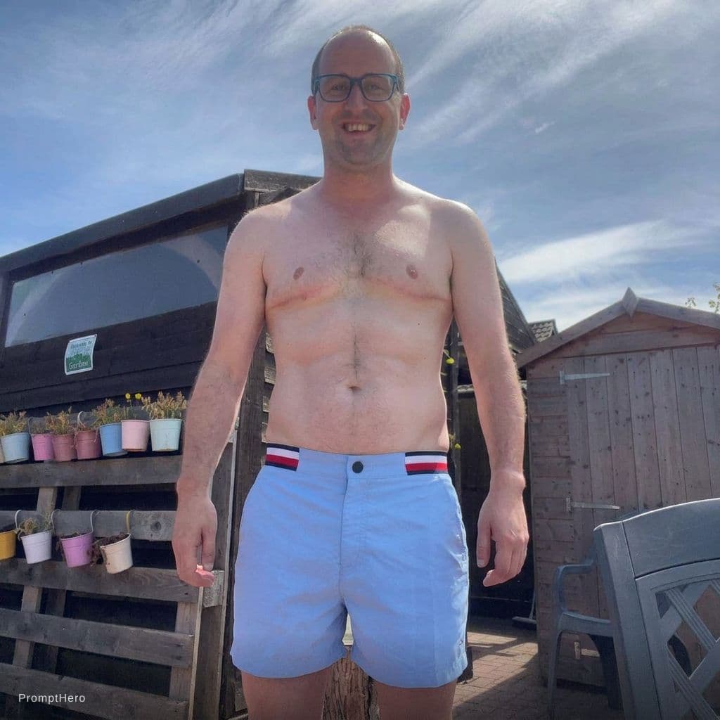AI generated: Edit this photo of this male, he should have a prominent bulge in his shorts. Keep everything else t...