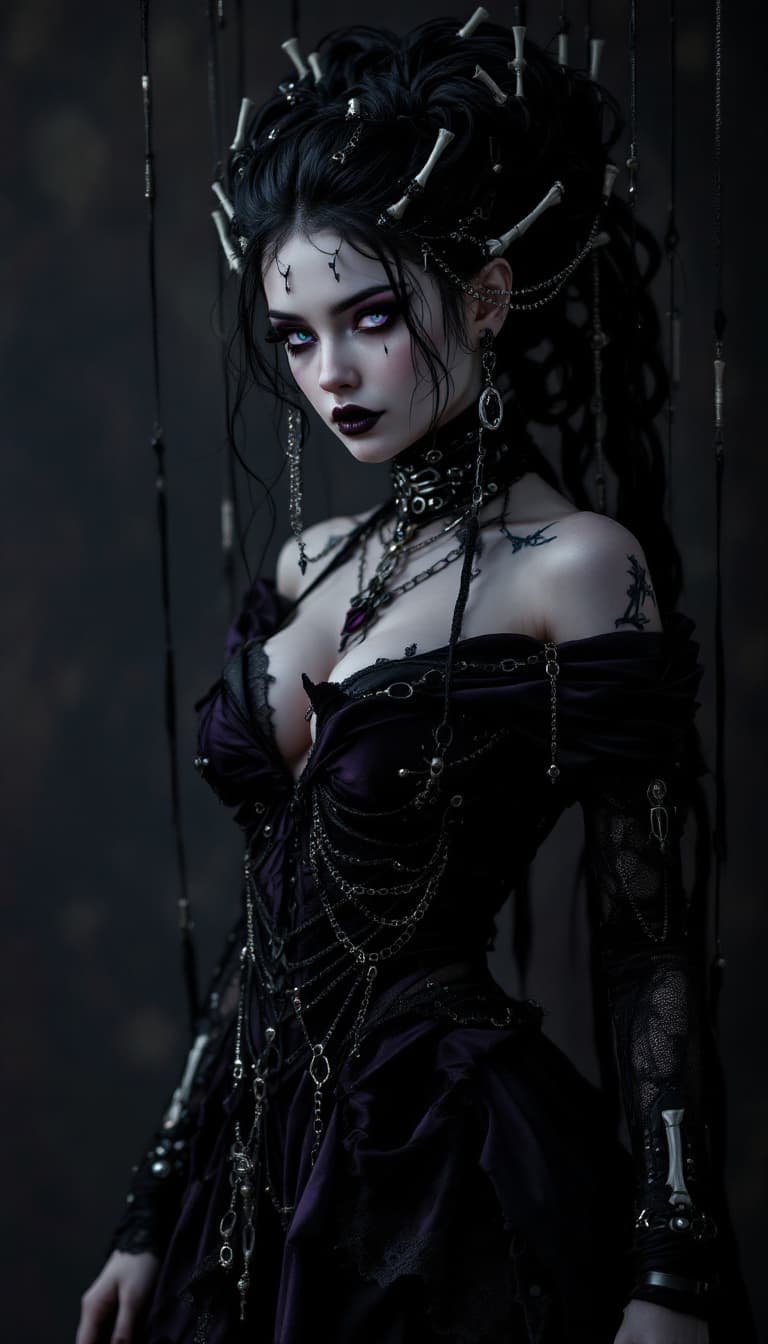 AI generated: An ultra-realistic, full-body portrait of a captivating gothic puppeteer woman, radiating dark charm...