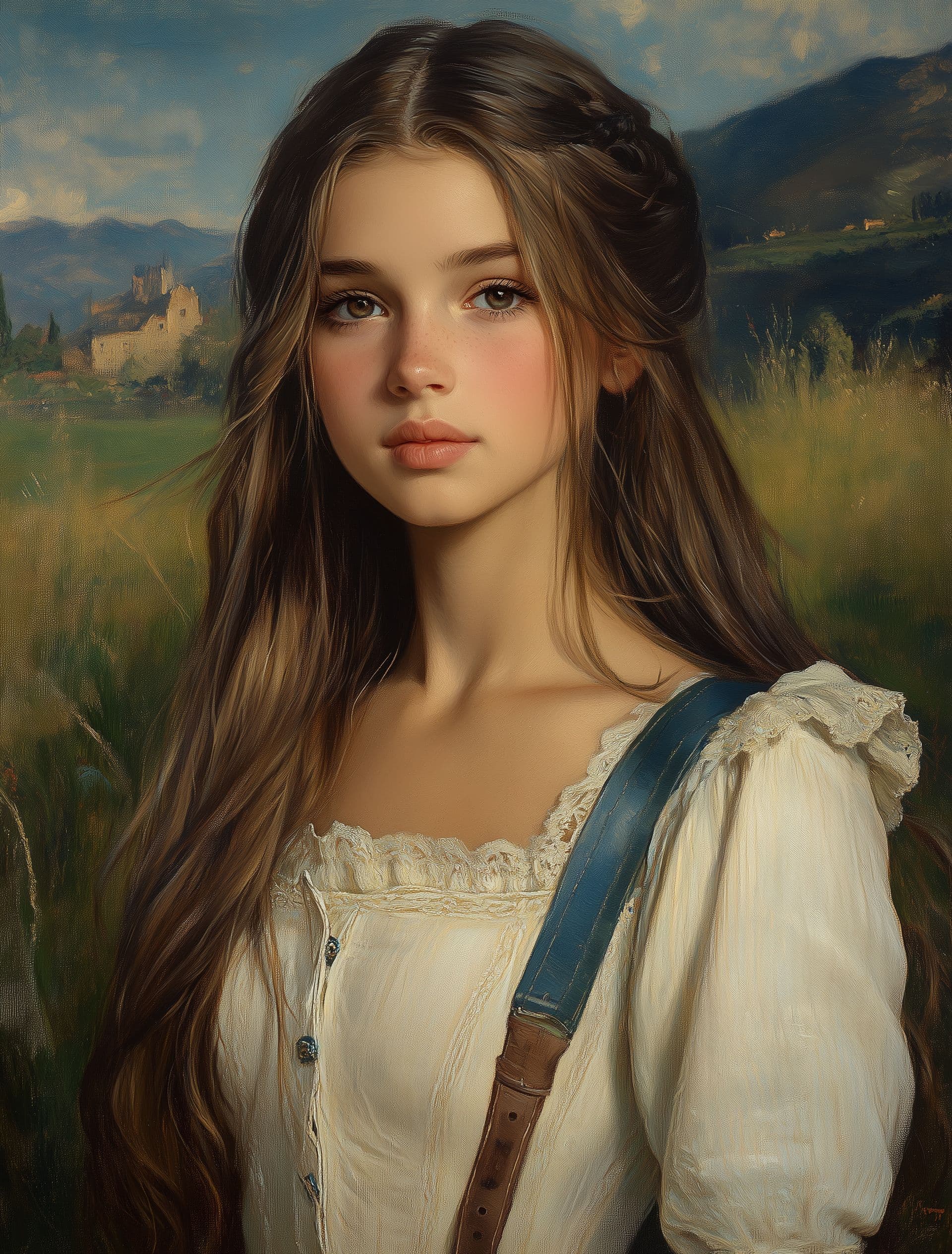 AI generated: Oil painting portrait of Queen Aprilia, full-body shot, long hair in the wind, blue ribbon on her sh...