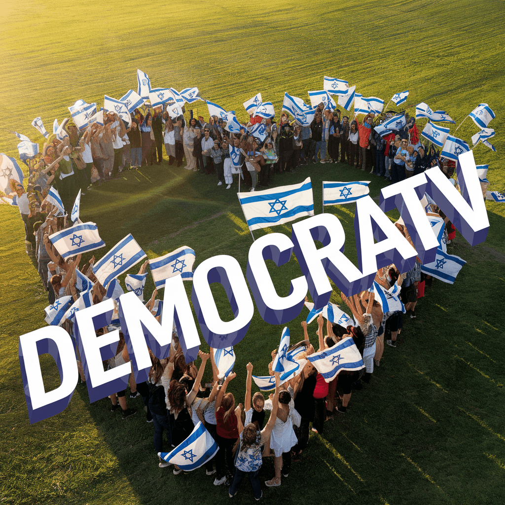 AI generated: A colorful overhead shot reveals a sea of supporters energetically waving Israeli flags, bathed in w...