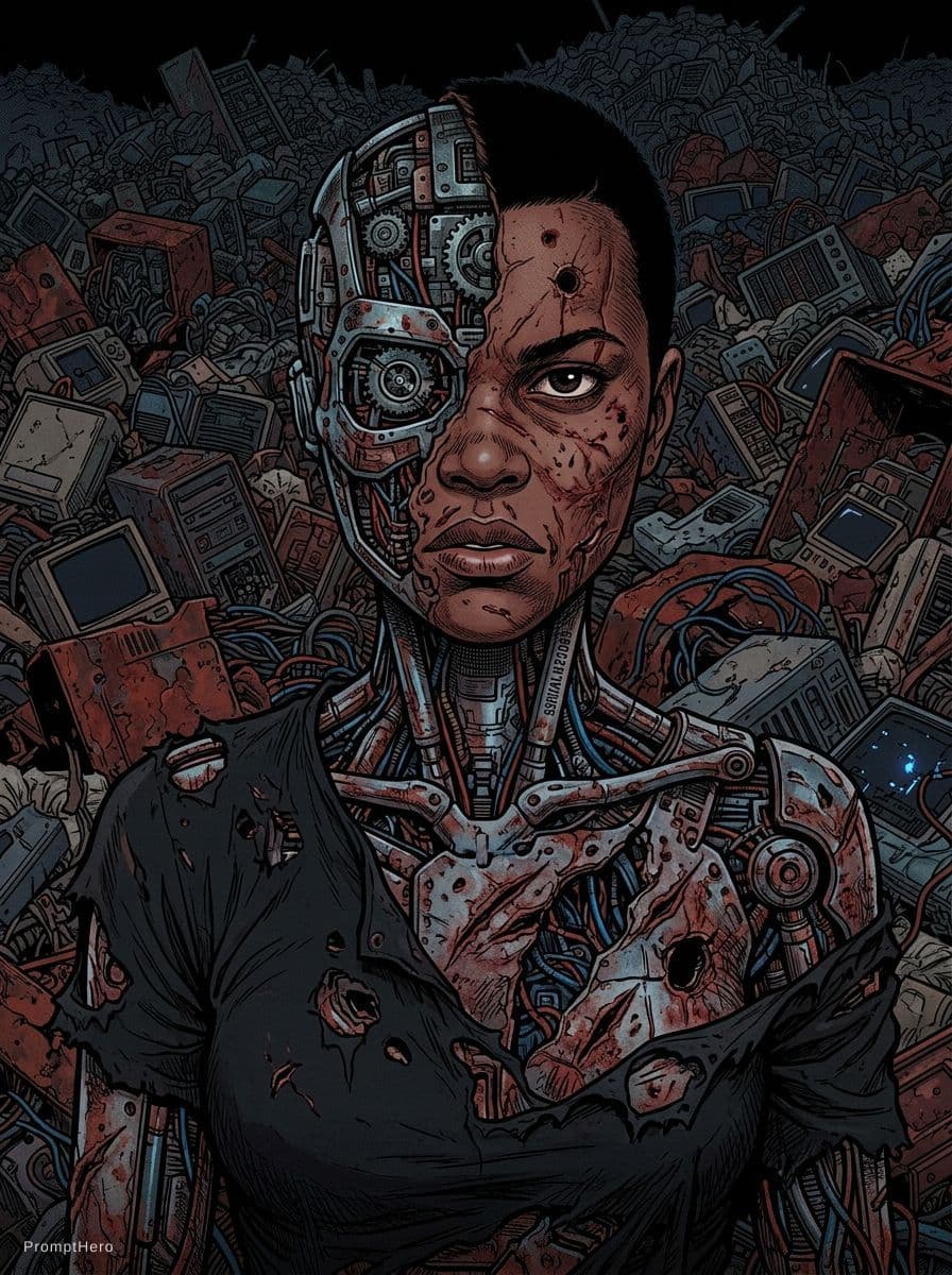 AI generated: Photo of a broken ruined cyborg girl in a landfill, robot, body is broken with scares and holes, hal...