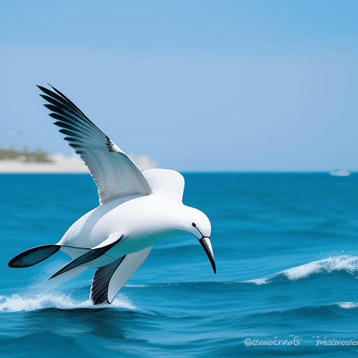 AI generated: Un pájaro blanco ubicado en el medio del mar con delfines azules al rededor 