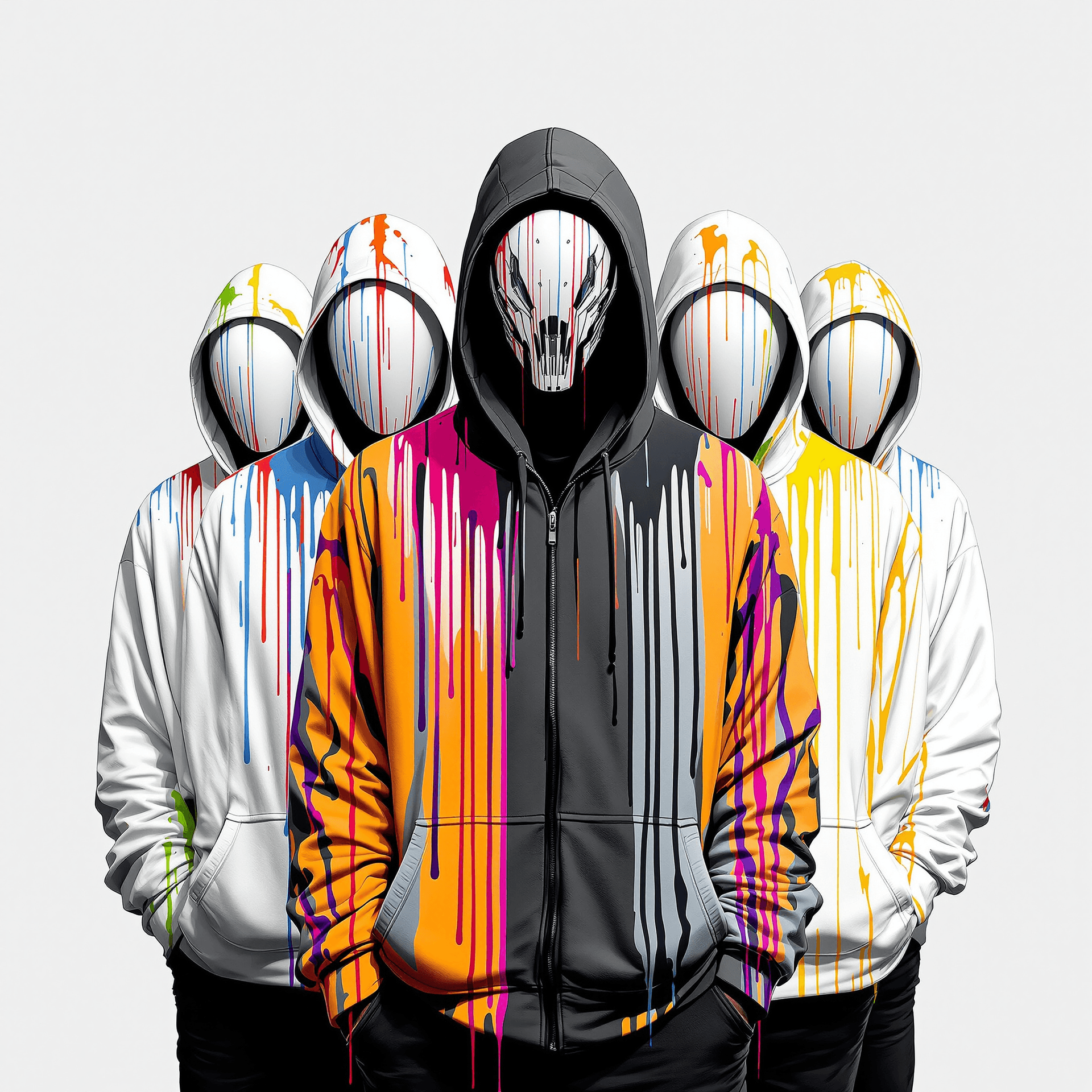 AI generated: Five faceless figures in matching hooded jackets, a central figure in dark gray, and four in vibrant...