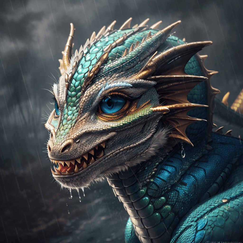 AI generated: An incredibly detailed very close up shot of a single (oriental dragon:1.5) gazing through the rain,...
