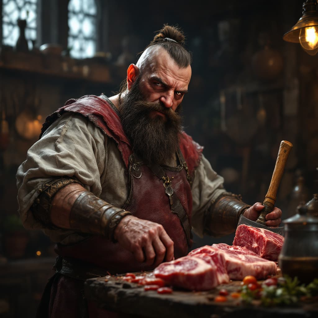 AI generated: Middle Ages, normal looking butcher with axe, hyper realism, high detail, 4k