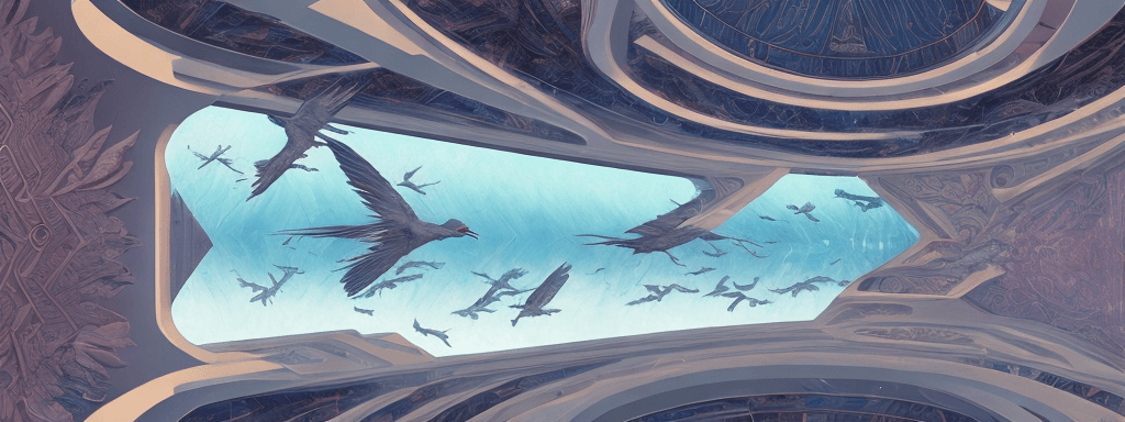 AI generated: a 3d detailed painting inspired by moebius of a 4d mirror cabinet. flying birds, inspired by technol...