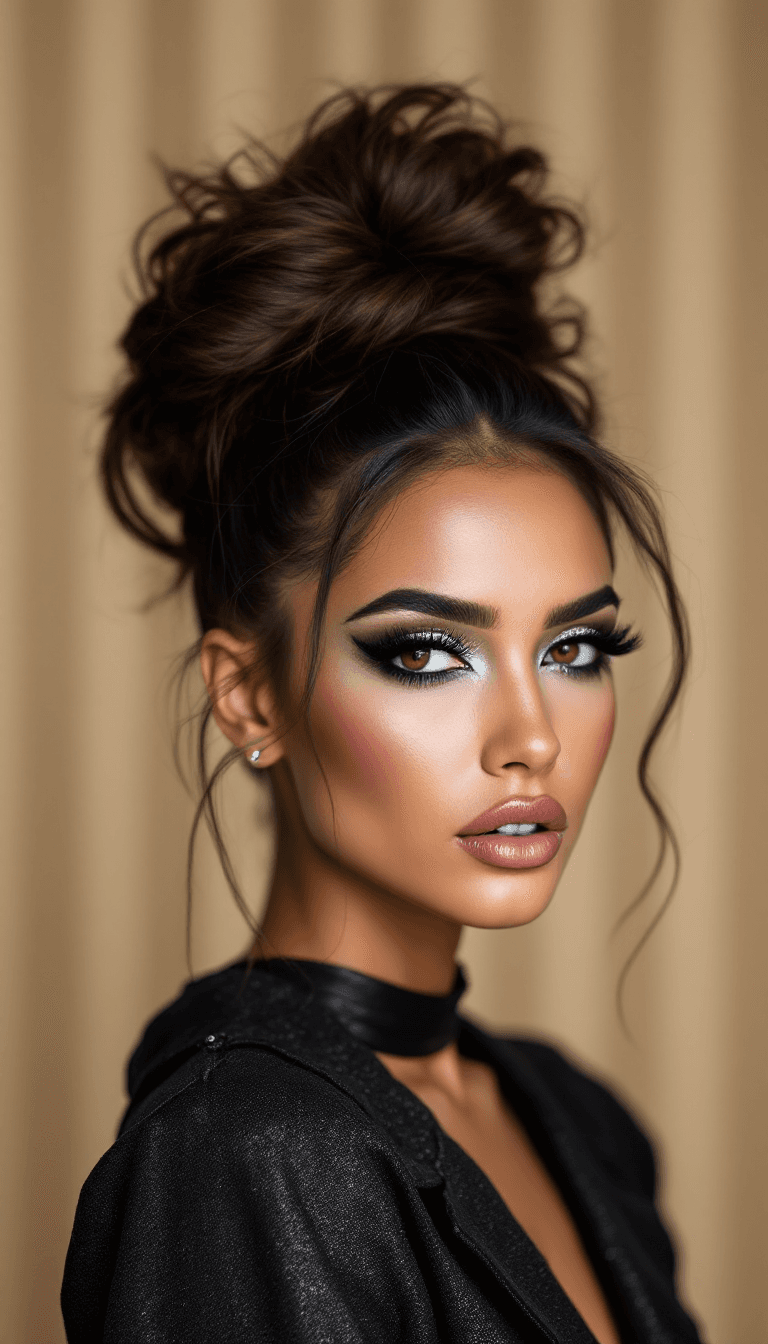 AI generated: a beautiful Brazilian model with a big messy bun, she is looking into the camera, dramatic smoky bla...