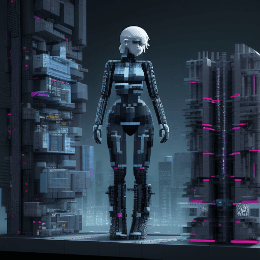 AI generated: A person who physically builds code, like building blocks. Futuristic, cyberpunk.