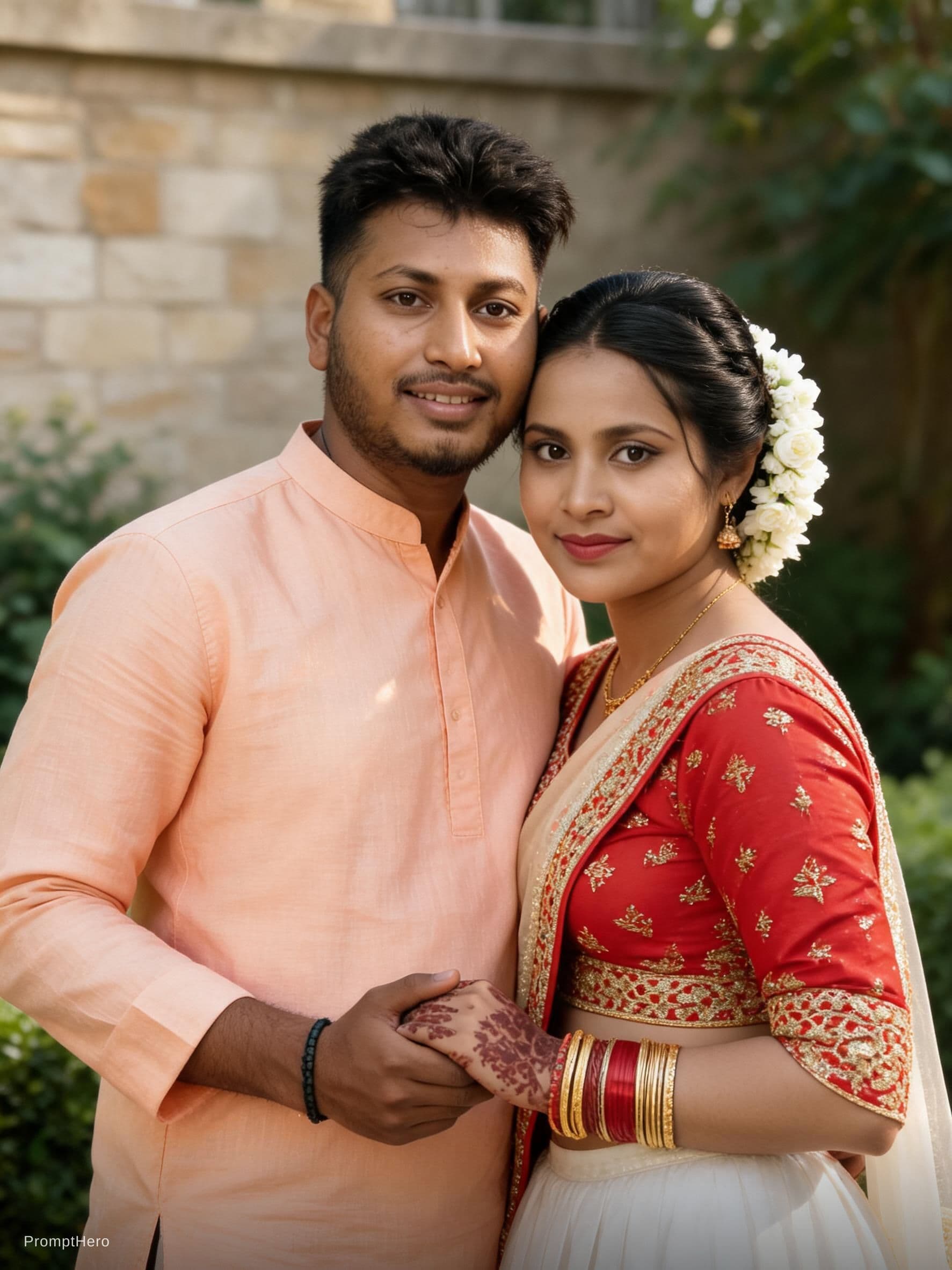 AI generated: Close-up portrait of a happy couple, likely in their late twenties.  The man, with a light brown com...