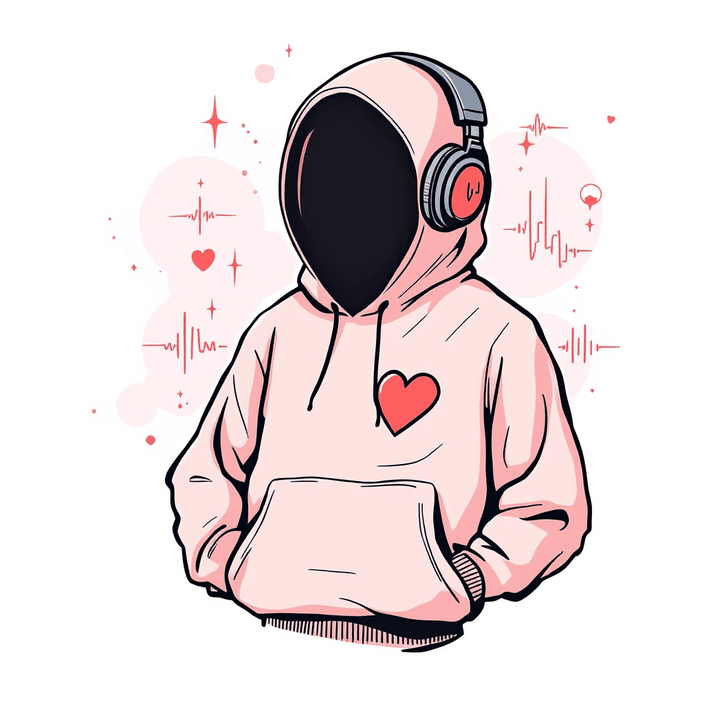 AI generated: A faceless hoodie figure floating with headphones and subtle waveforms surrounding it, soft blush to...