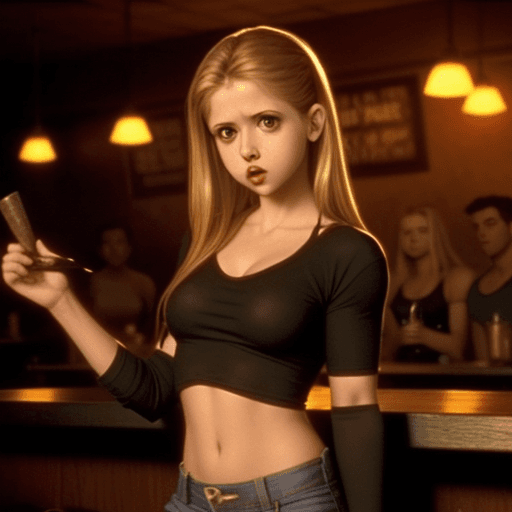 AI generated: Hot Buffy Summers, wearing just a tiny shirt, tiny t-shirt in an studentbar full of hot vampire girl...