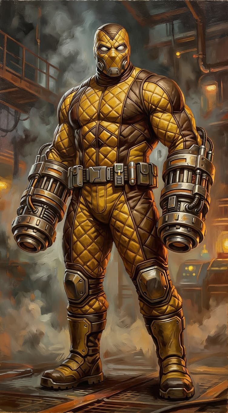 AI generated: Towering industrial supervillain standing in a dramatic full-body pose, compact and powerfully built...