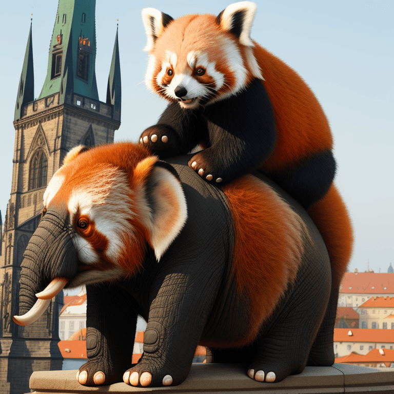 AI generated: Red panda sitting on elephant´s head on elephant standing in front of Prague Castle