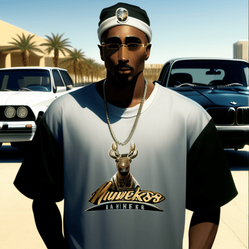 AI generated: Tupac standing next to a black BMW in Las Vegas with a Milwaukee Bucks jersey on
