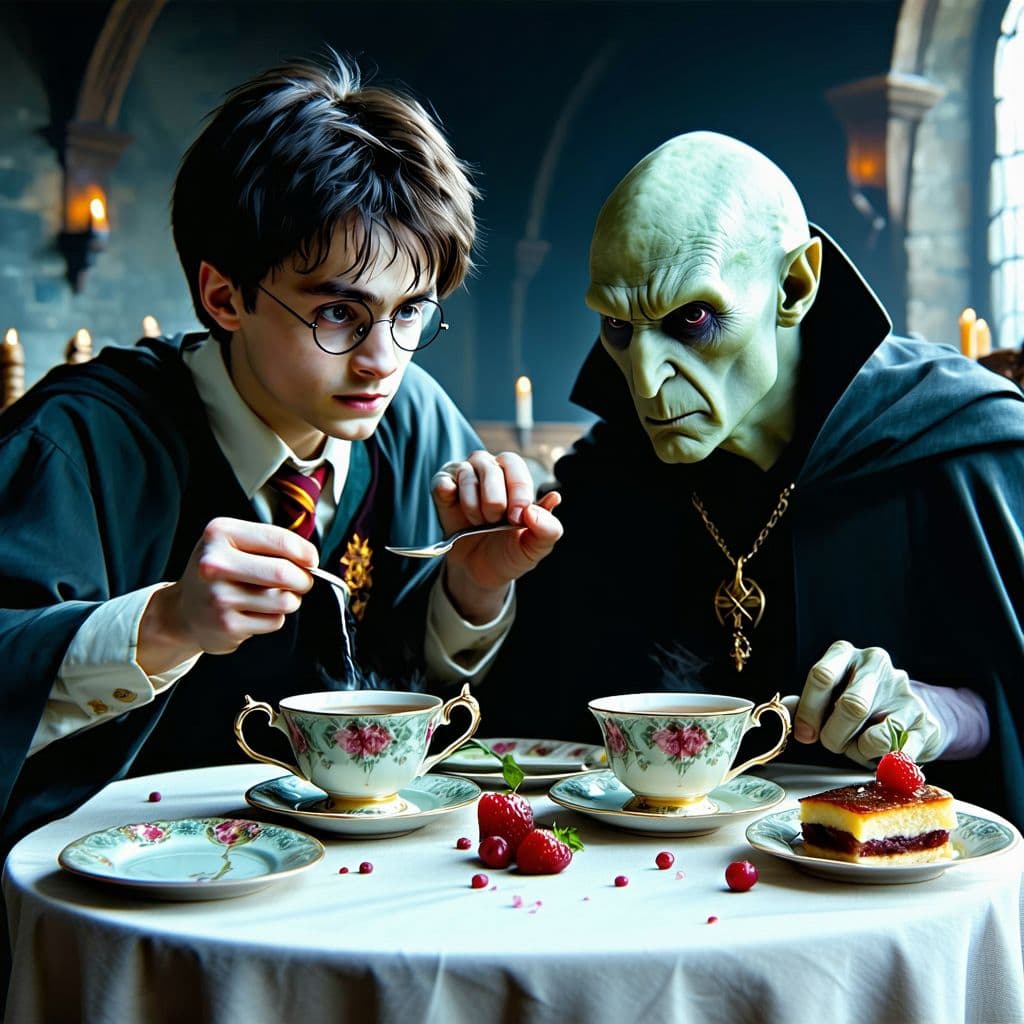AI generated: Harry Potter and Voldemort having a tea party ((Hyperrealistic :3.3)) 1. *Magical Moments Brewing: A...
