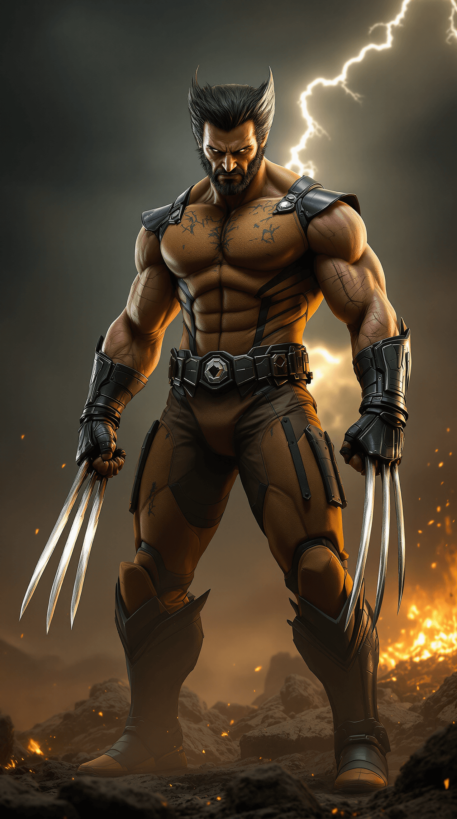 AI generated: A **highly detailed, full-body portrait** of **Marvel’s Wolverine**, standing in a **moody, cinemati...