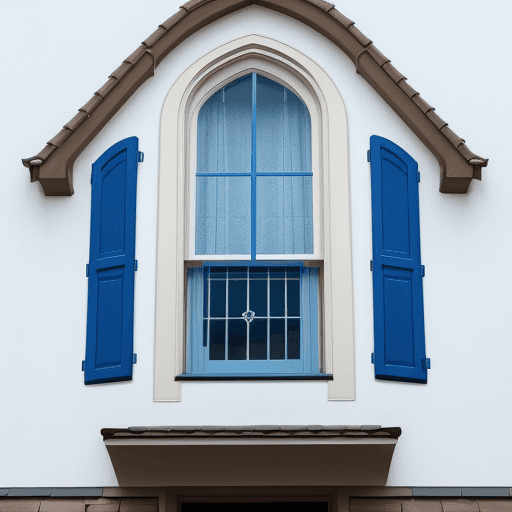 AI generated: photo of a gable window from outside the building with a color combination of blue white