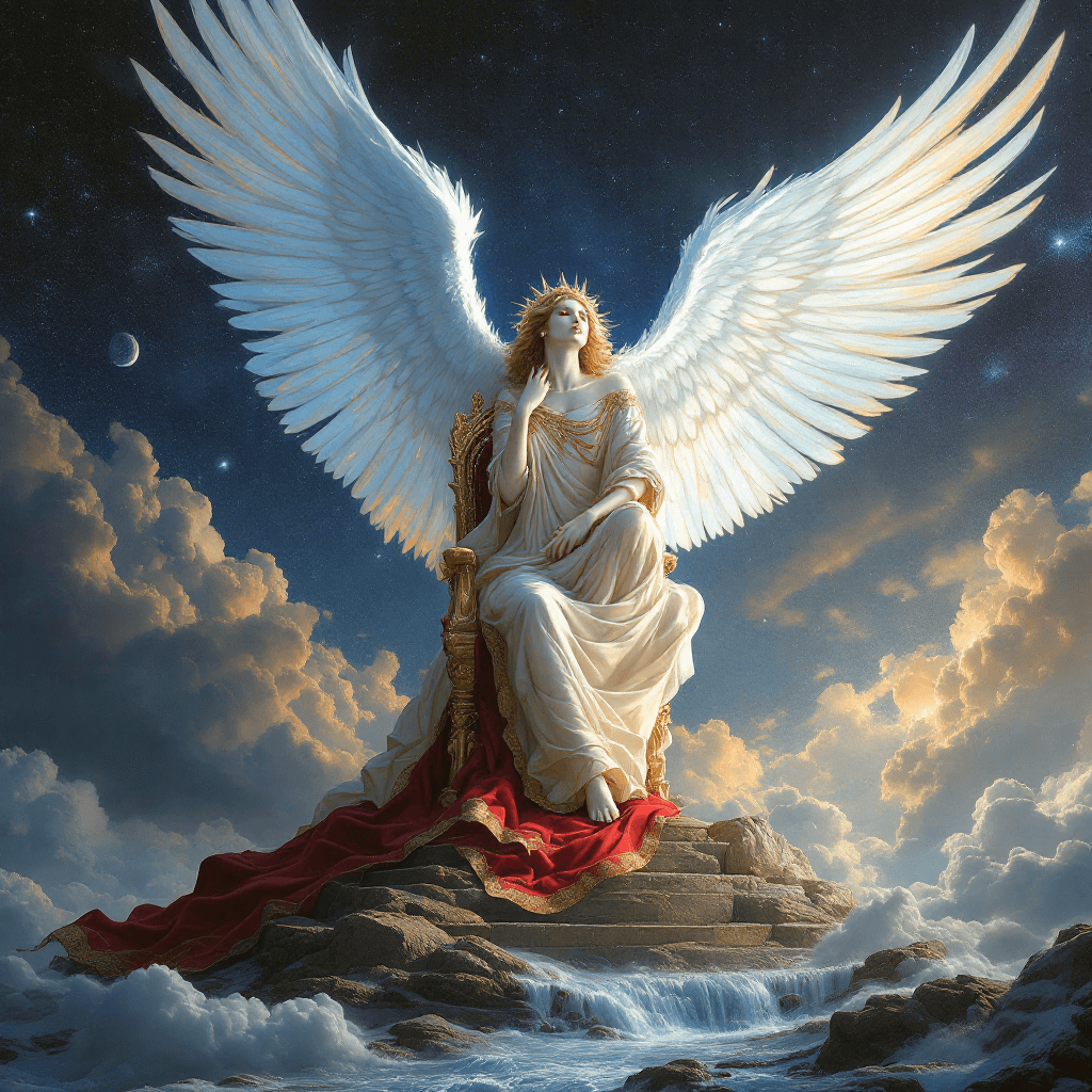 AI generated: crea un angel del tipo ofanim volando al rededor del trono de Dios y detrás de ellos una imagen un p...