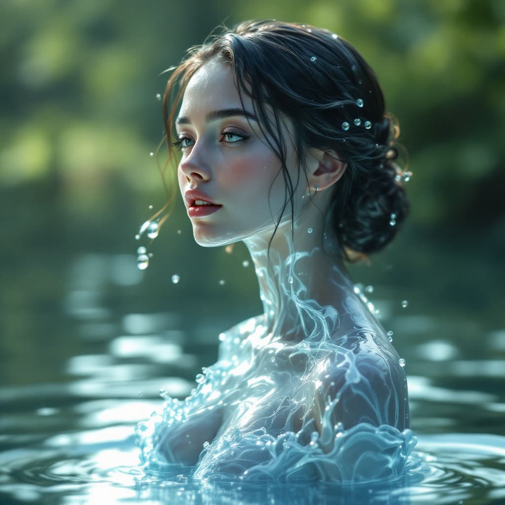AI generated: A mesmerizing depiction of a girl entirely made of water, standing elegantly in a serene, dreamlike ...