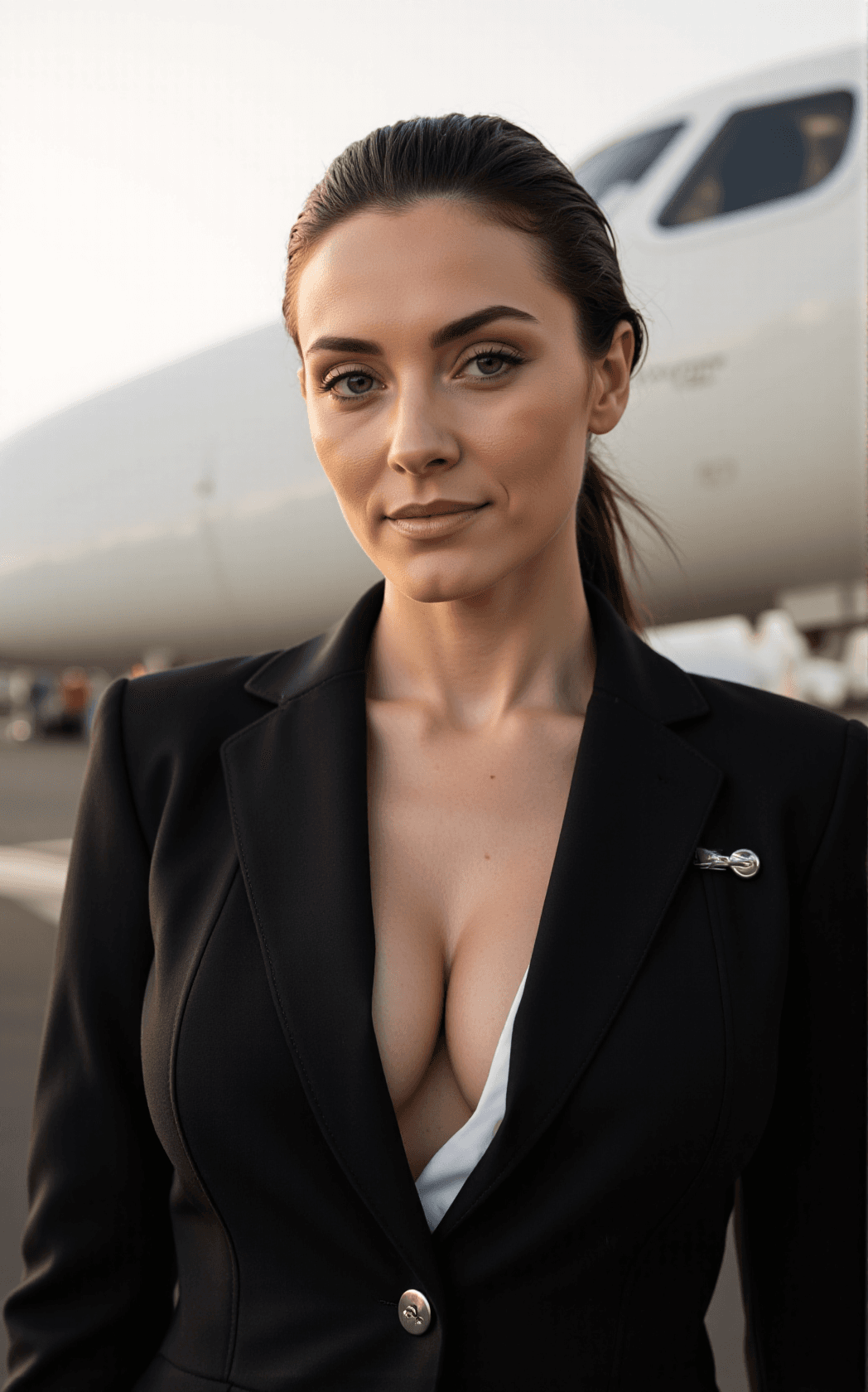 AI generated: A tight macro close up frames a confident woman in a modern pilot uniform, partially unbuttoned to r...