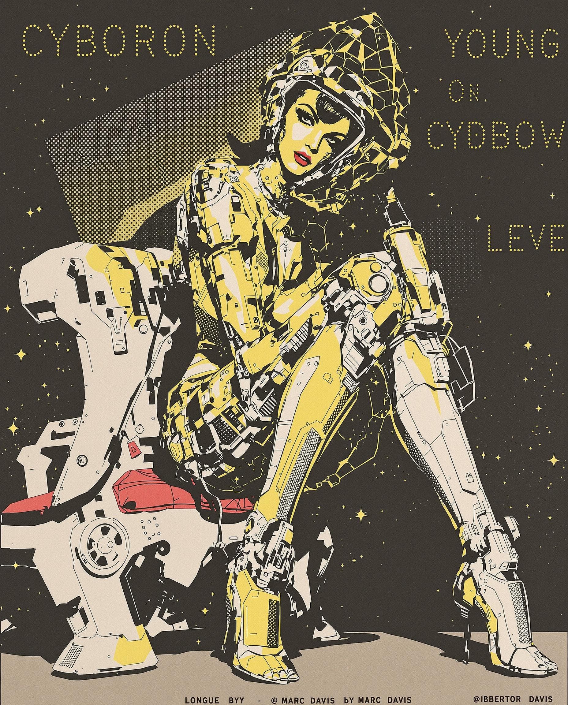 AI generated: Young beautiful female cyborg with mechanical legs, artwork by Marc Davis, halftone pin-up art by Al...