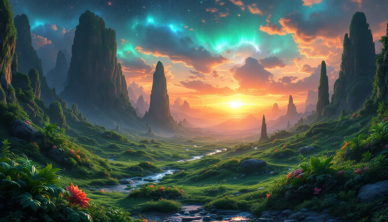 AI generated: Fantasy landscape, dynamic lights, glowing emerald, nebulas, sunset,,8k photorealistic eternal  ambi...