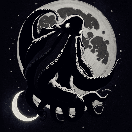 AI generated: a digital illustration of, a giant octopus wrapping its tentacles around the moon, in the darkness o...