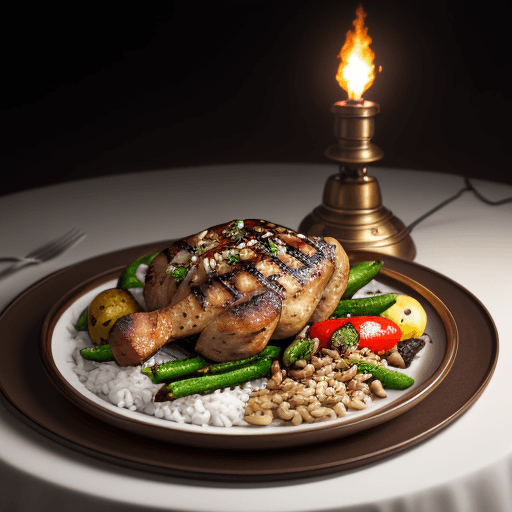 AI generated: Food photography, roast beef, grilled vegetables, Michelin fine dining style, studio lighting, depth...