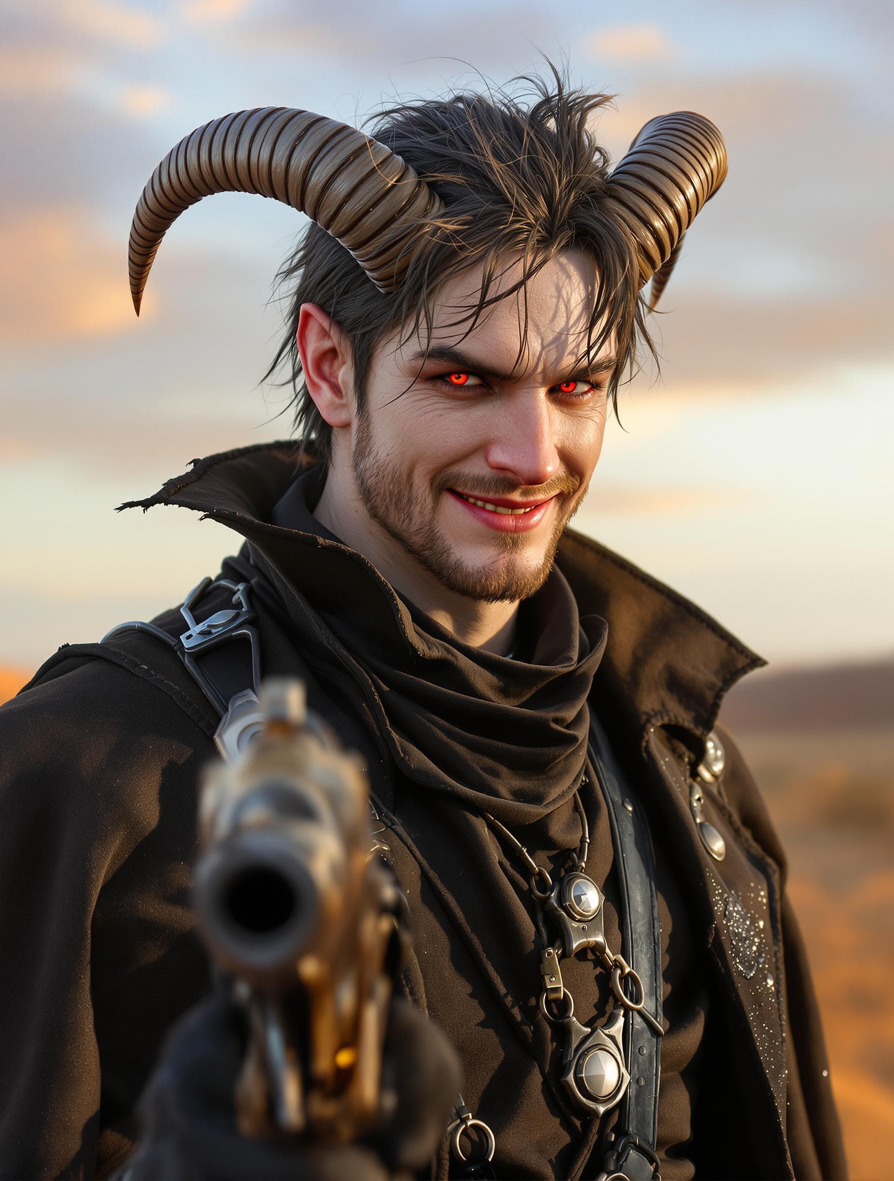 AI generated: ultra realistic male gunslinger, wearing dark western cowboy outfit with high collar duster!!! short...