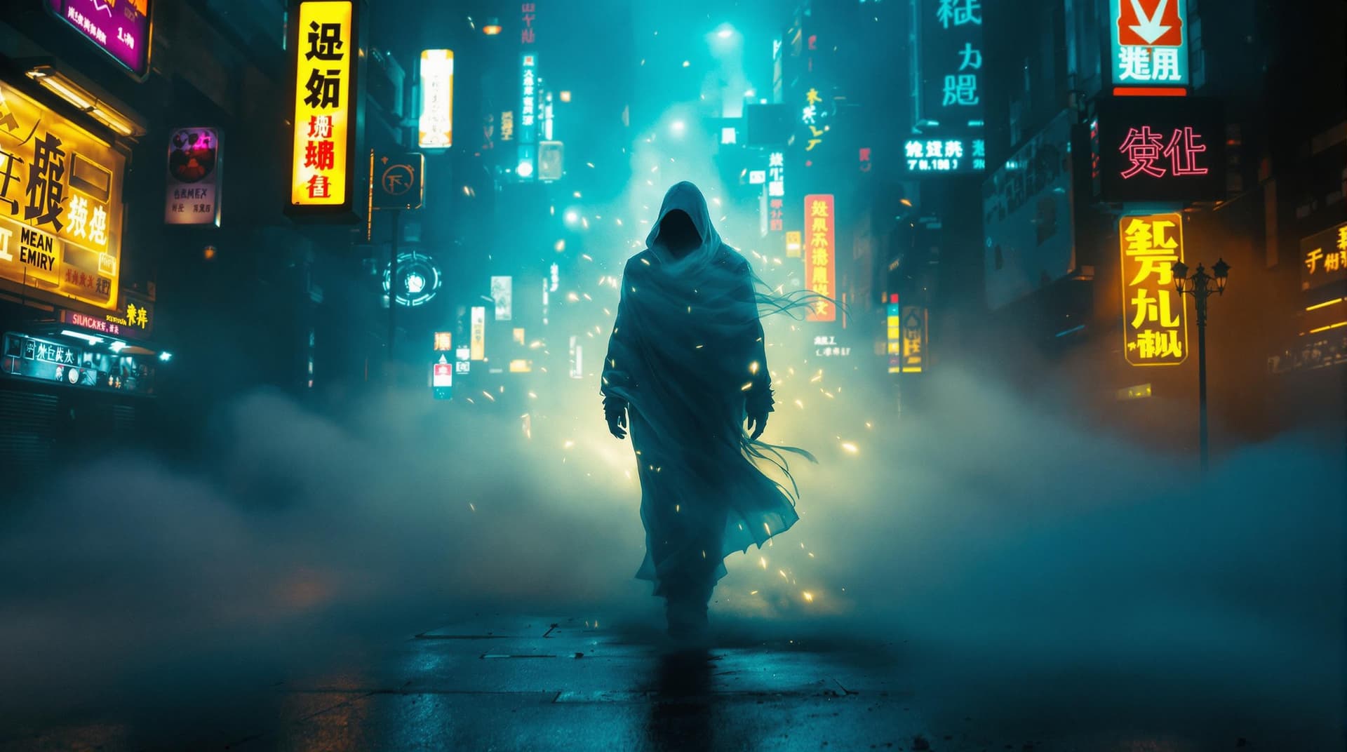 AI generated: A mysterious phantom figure walking through neon-lit fog, a shadow dissolving into the night. The sc...