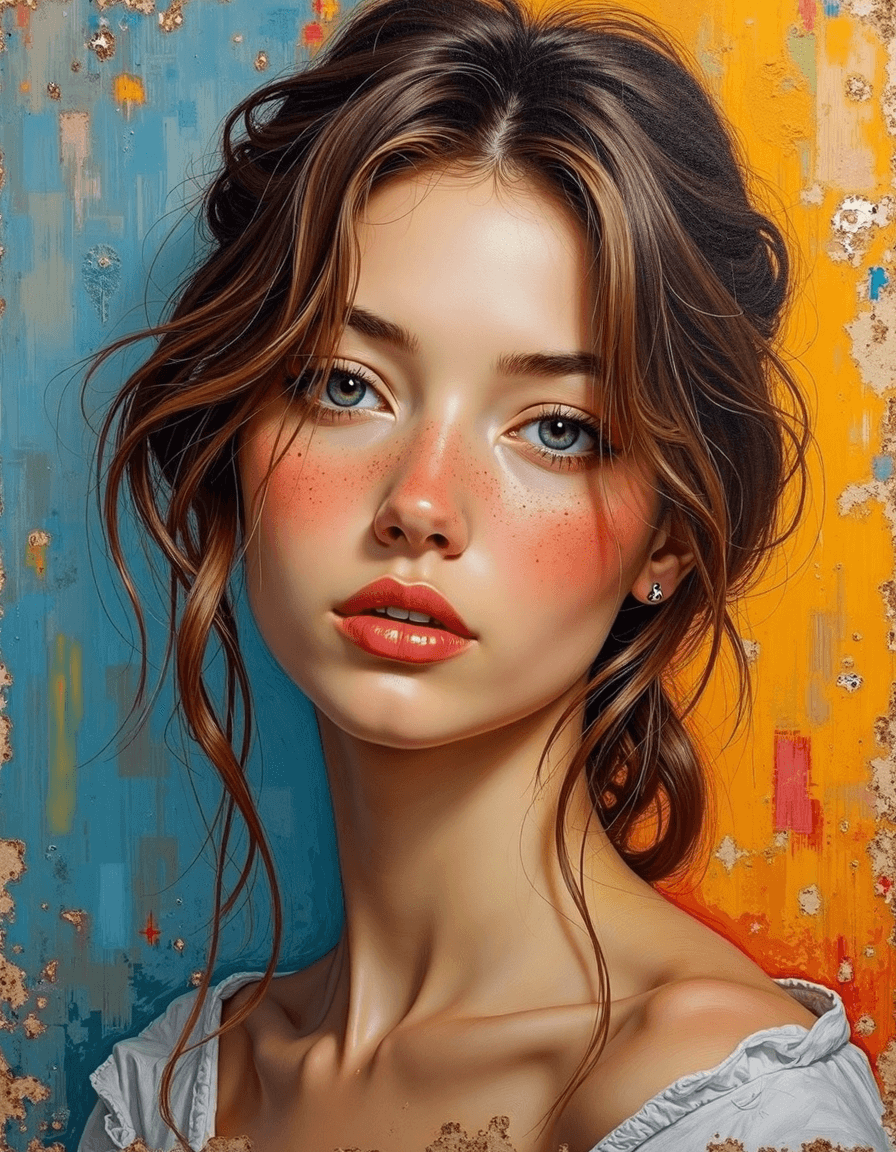 AI generated: Abstract Expressionism: A very beautiful woman with natural complexion skin, a very light freckle, b...