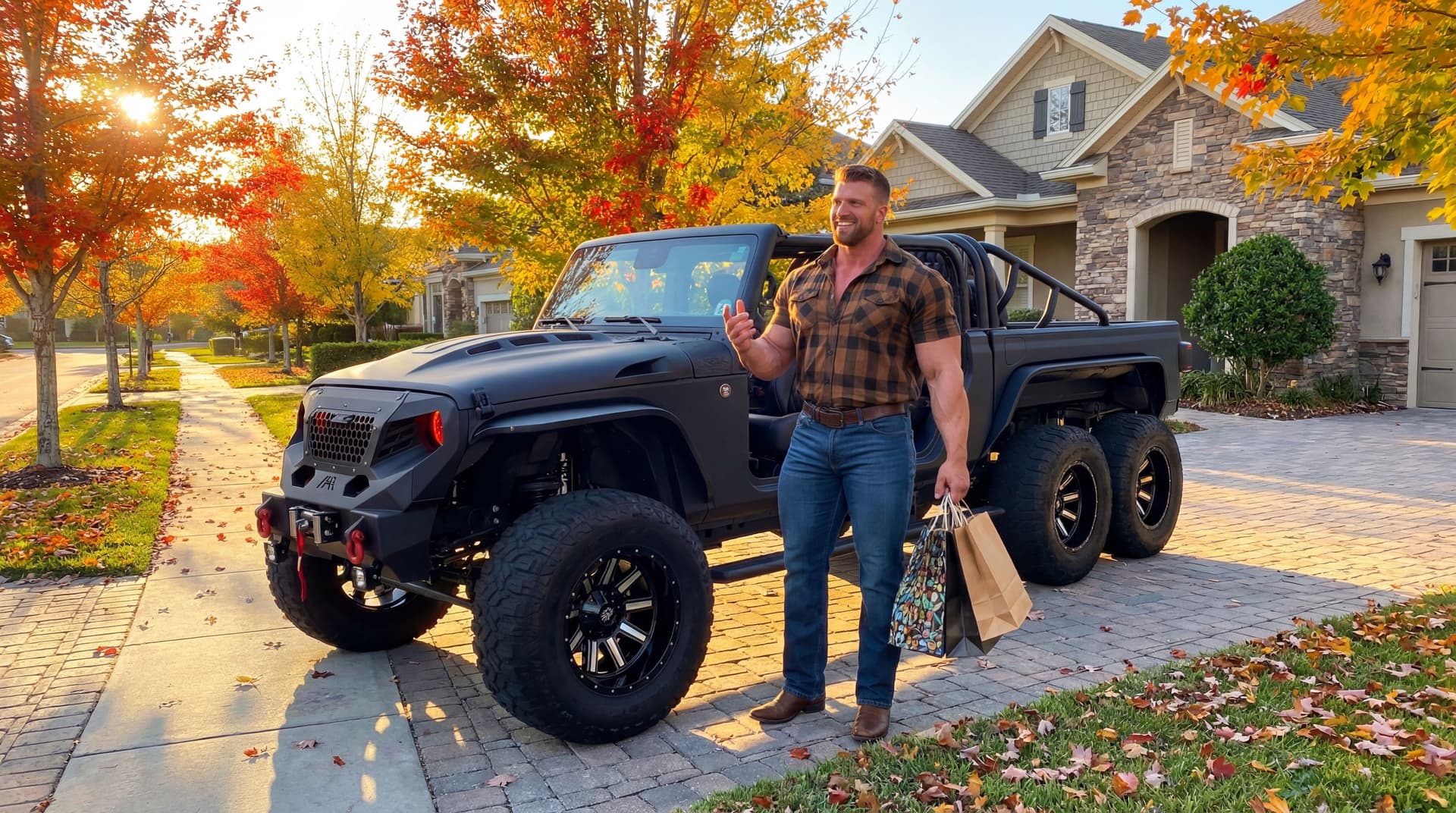 AI generated: The man is next to the Jeep. He remains the same. Adapt the sun light on him.  He is smiling, he is ...