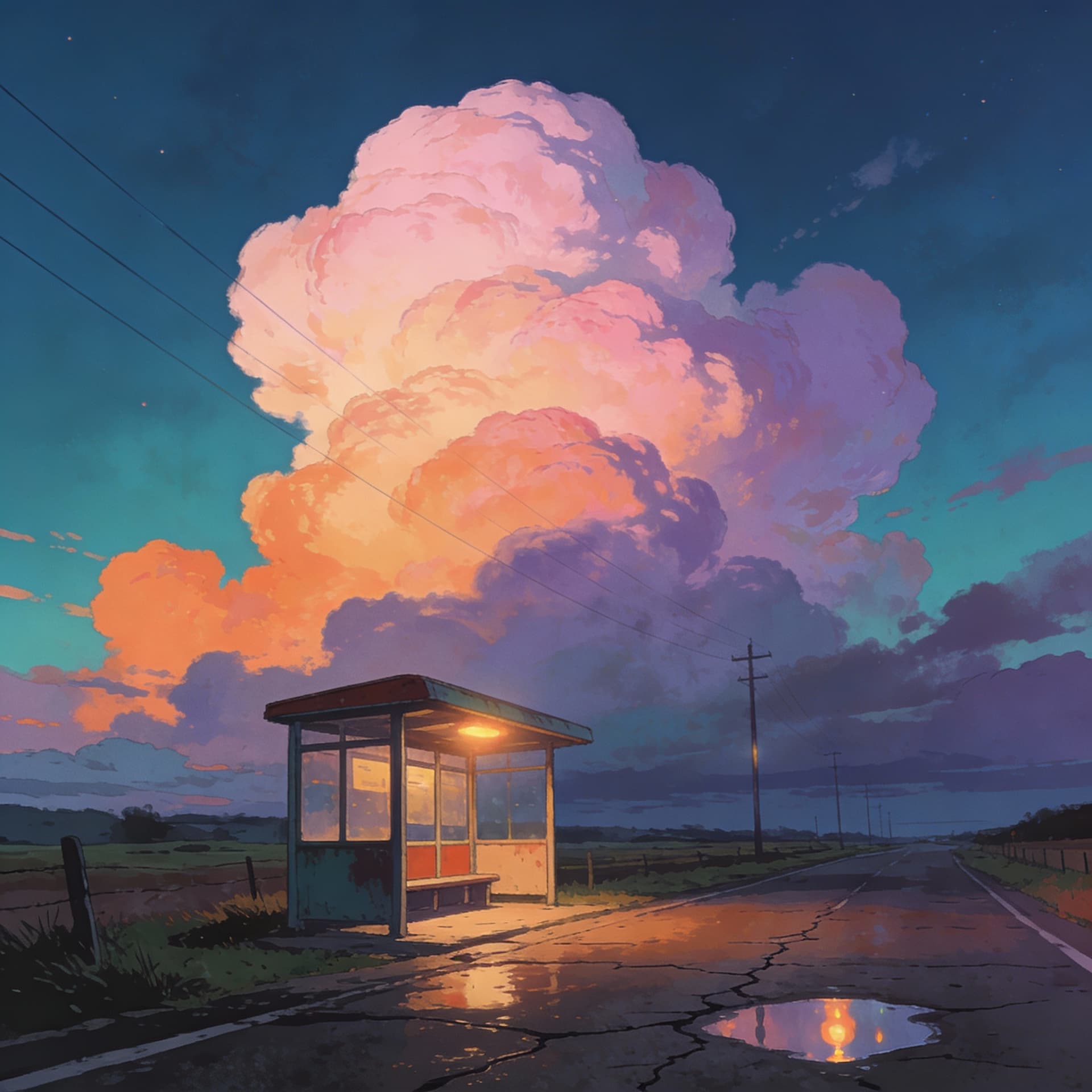 AI generated: illustration art, nostalgic, wide low-angle, small retro roadside busstop, warm orange and teal colo...