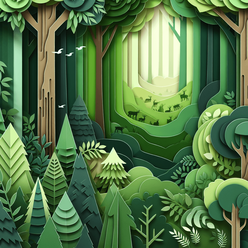 AI generated: style layered 3D paper cut, a forest scene