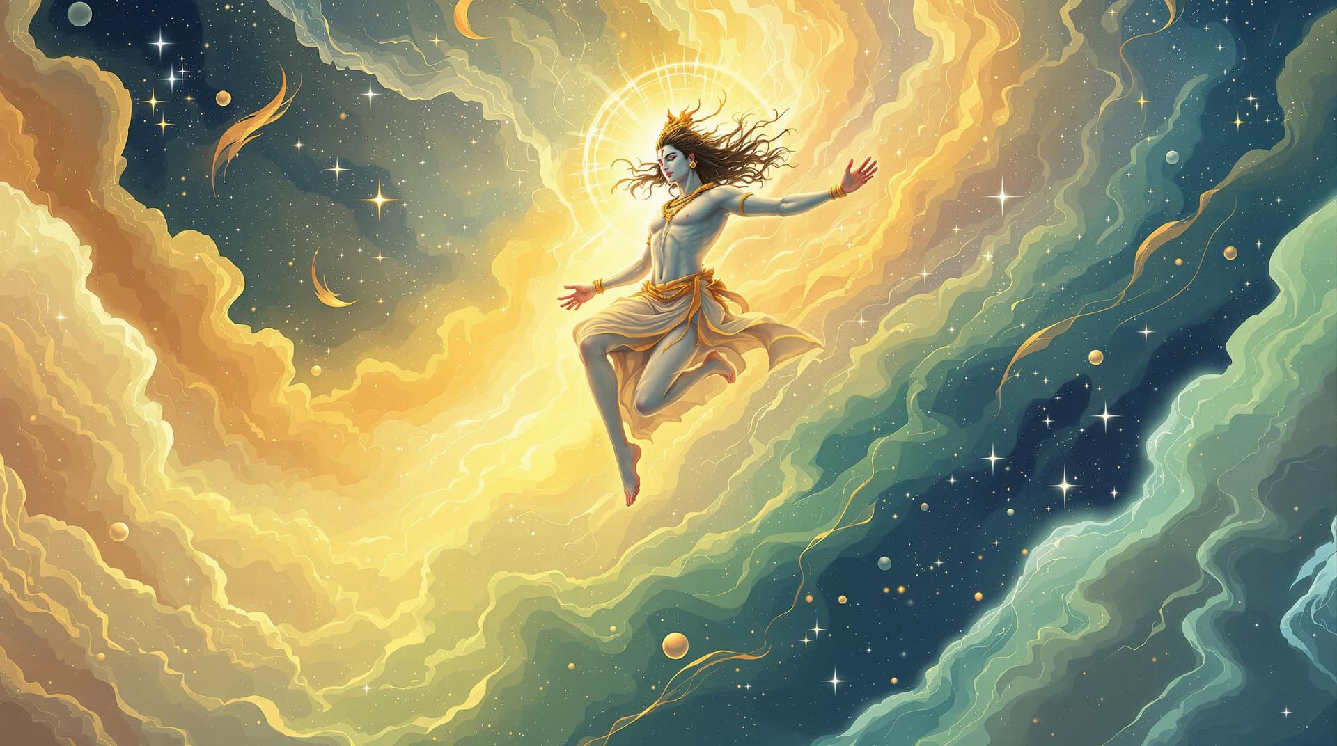 AI generated: "Illustrate Shiva levitating in the cosmos, his energy radiating in light orange, golden yellow, and...
