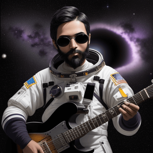 AI generated: Create a unique avatar astronaut playing guitar amidst the backdrop of a black hole in space, that a...