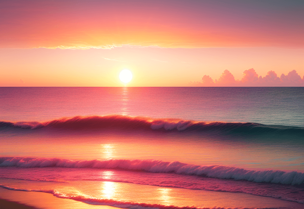 AI generated: pink gold colored sunset, cloudy, extremely calm sea, one dolphin jumping out the sea at the distanc...