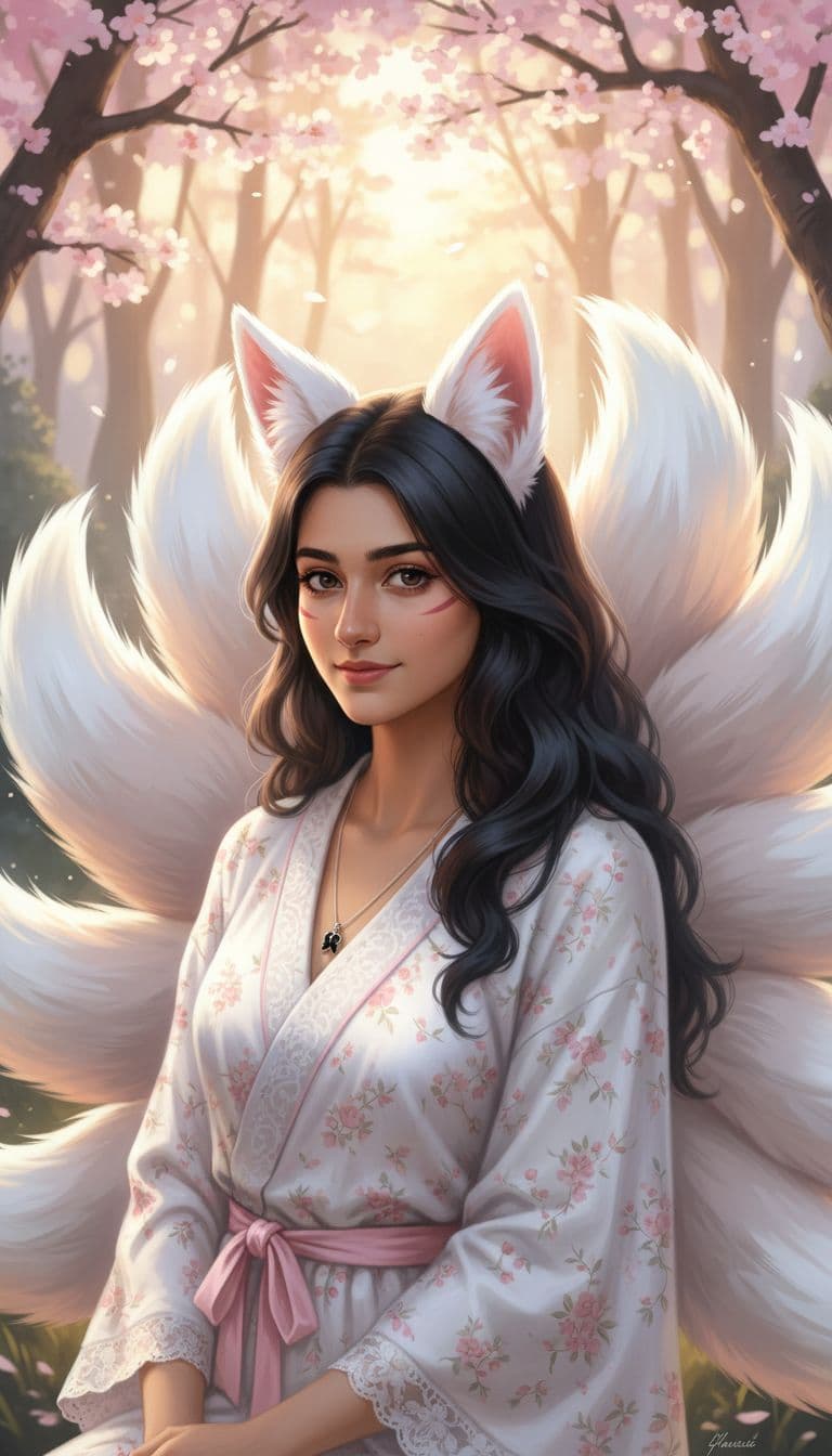 AI generated: fluffy nine-tailed fox girl by Wlop and Guweiz, Hyper-realistic, photography, real, professional, 8k...