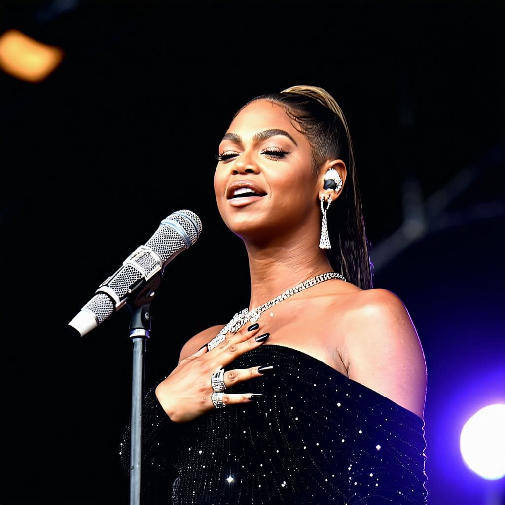 AI generated: Close-up of Beyoncé on stage, deeply focused and emotional, singing with eyes closed and hand on che...