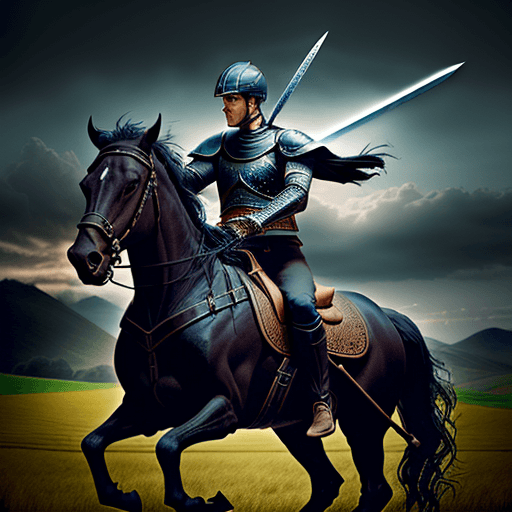 AI generated: A dark horse rider with a sword in a field, cinemátic photography, HD 4K, realistic style, cold colo...