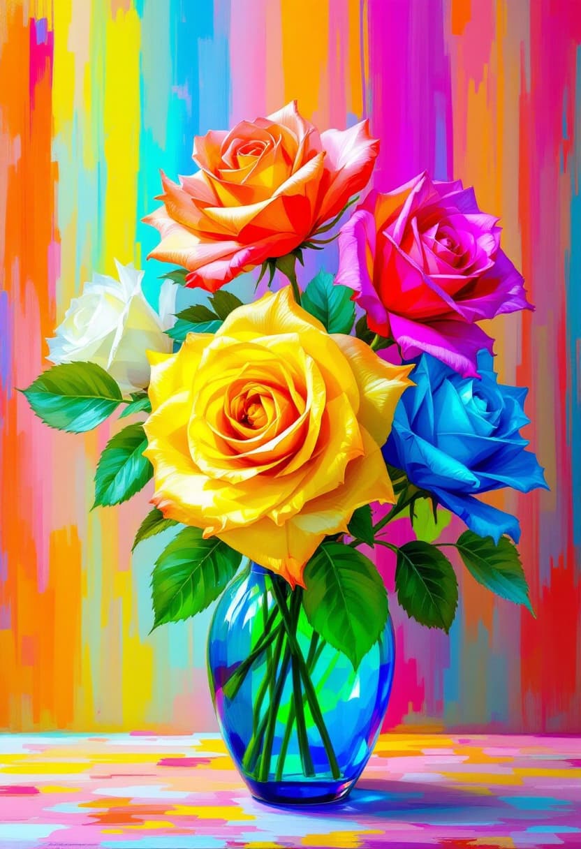 AI generated: Bright Colors, Bright 3D Transparent Arum Roses, With Few Shiny Leaves In A Vase Rainbow background ...