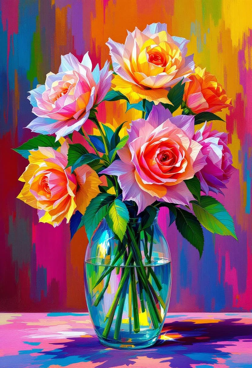 AI generated: Bright Colors, Bright 3D Transparent Arum Roses, With Few Shiny Leaves In A Vase Rainbow background ...