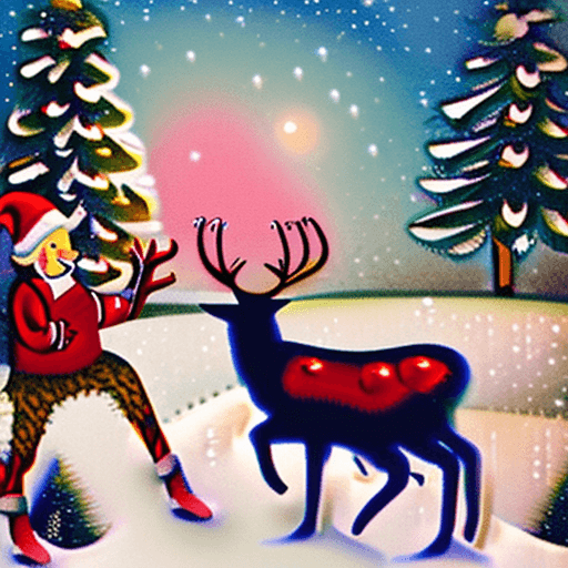 AI generated: Happy santa in snow with deer, vintage christmas card,
