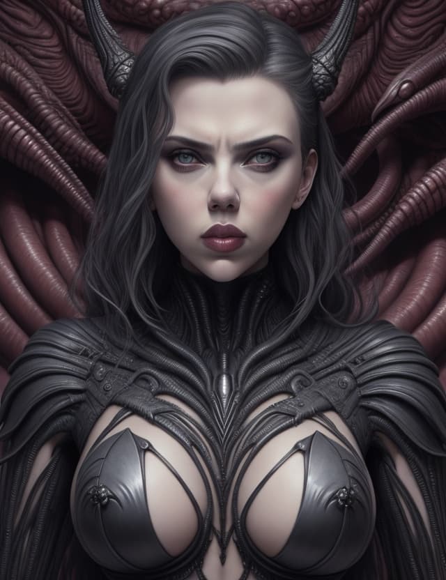 AI generated:  Scarlett Johansson in the style of HR giger's Alien, surreal masterpiece of  gothic , angry, gothic...